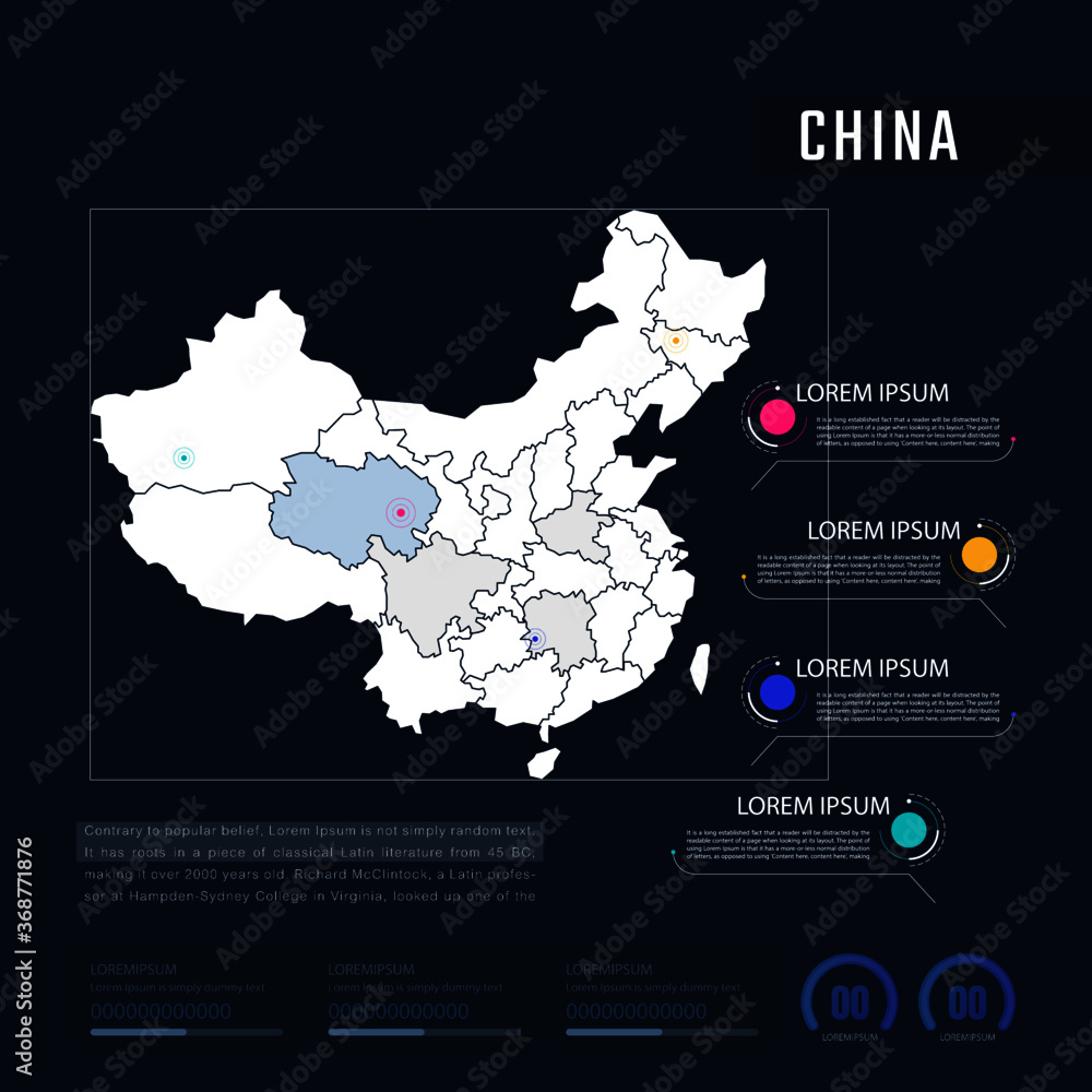 Fototapeta premium China country map infographics vector with pointer marks and circle chart. Editable Infographics template. Vector illustration