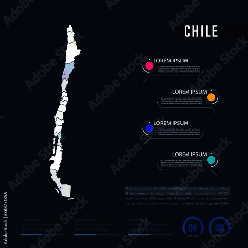 Chile country map infographics vector with pointer marks and circle chart.  Editable Infographics template. Vector illustration