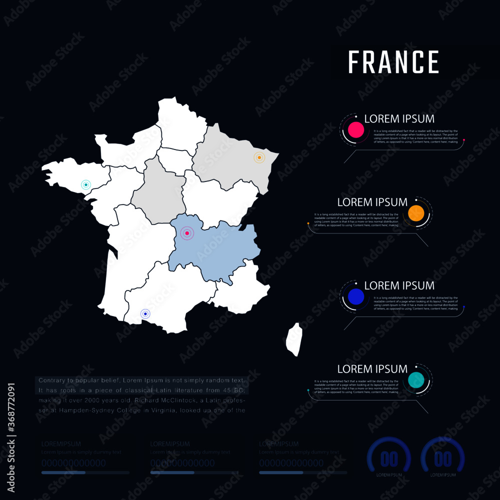 Fototapeta premium France country map infographics vector with pointer marks and circle chart. Editable Infographics template. Vector illustration