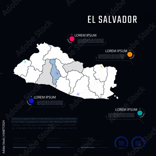 El Salvador country map infographics vector with pointer marks and circle chart. Editable Infographics template. Vector illustration