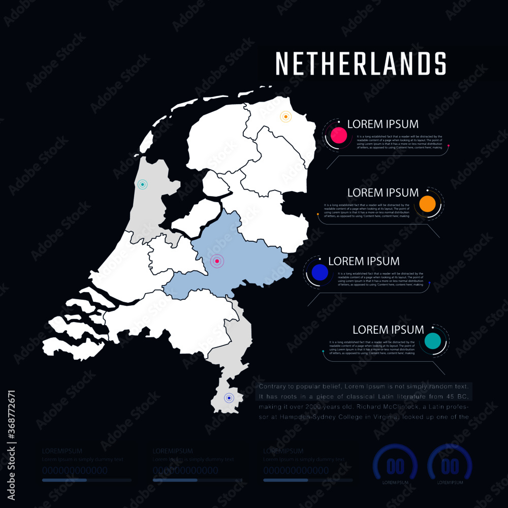 Naklejka premium Netherlands country map infographics vector with pointer marks and circle chart. Editable Infographics template. Vector illustration