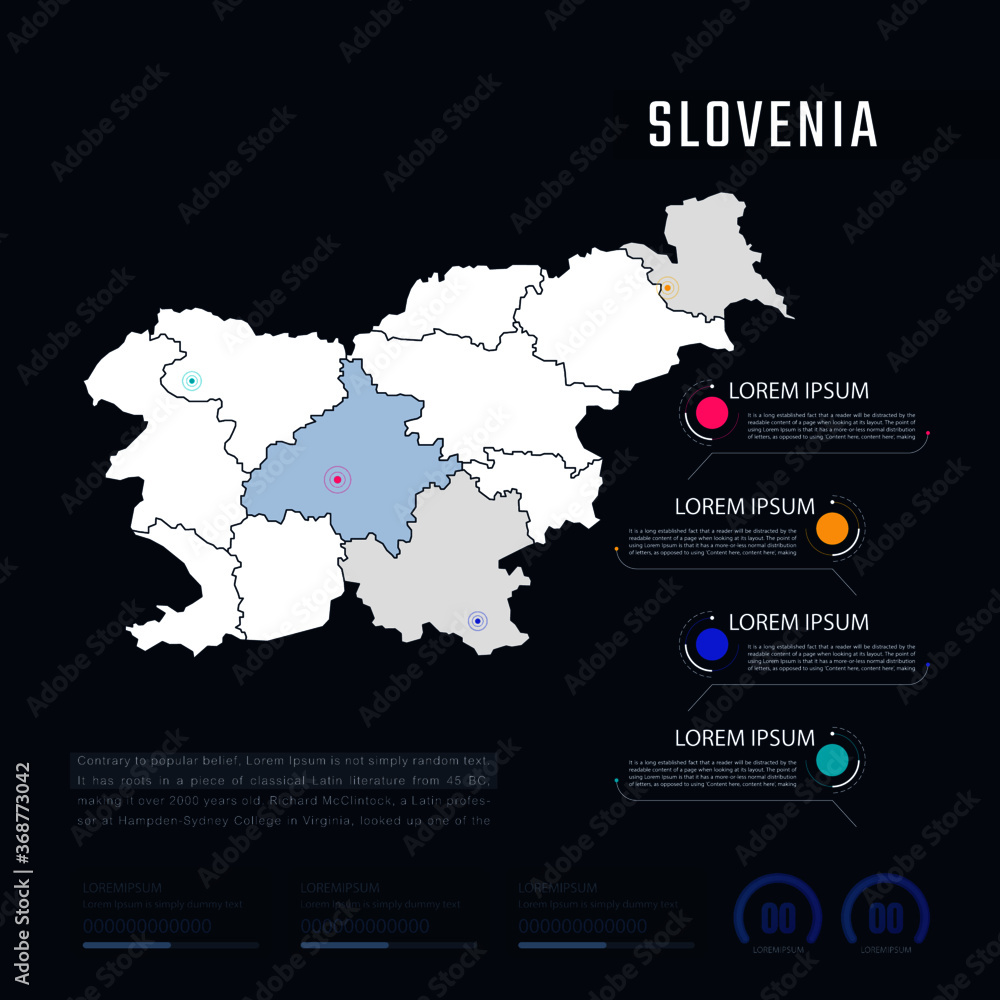 Naklejka premium Slovenia country map infographics vector with pointer marks and circle chart. Editable Infographics template. Vector illustration