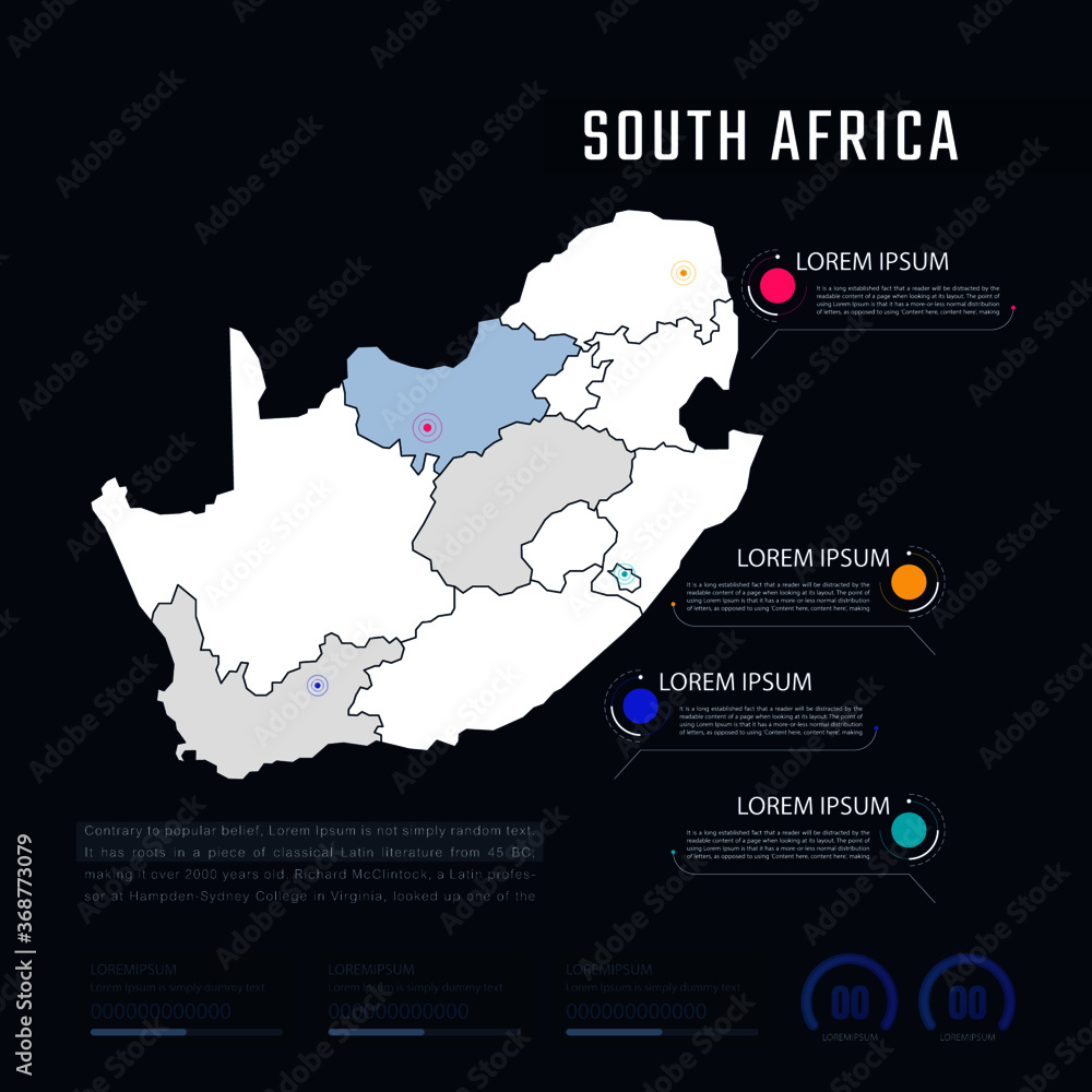 South Africa country map infographics vector with pointer marks and circle chart.  Editable Infographics template. Vector illustration
