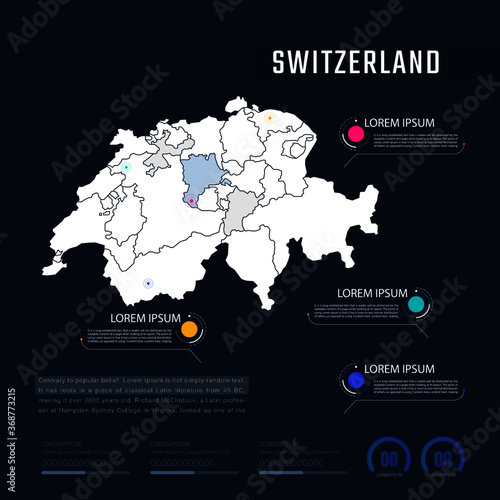 Switzerland country map infographics vector with pointer marks and circle chart. Editable Infographics template. Vector illustration