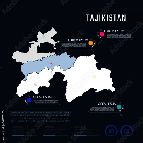 Tajikistan country map infographics vector with pointer marks and circle chart. Editable Infographics template. Vector illustration
