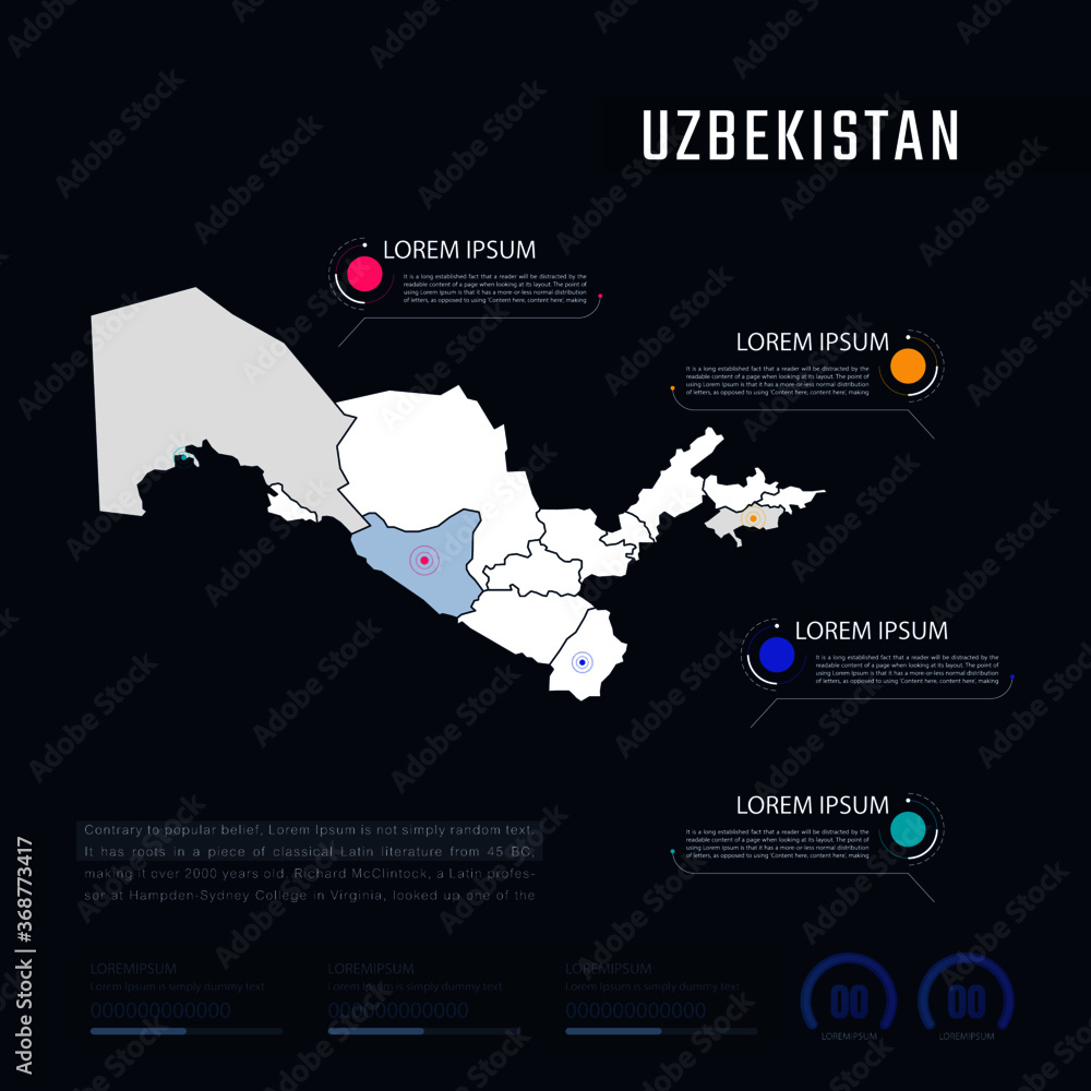 Uzbekistan country map infographics vector with pointer marks and circle chart.  Editable Infographics template. Vector illustration