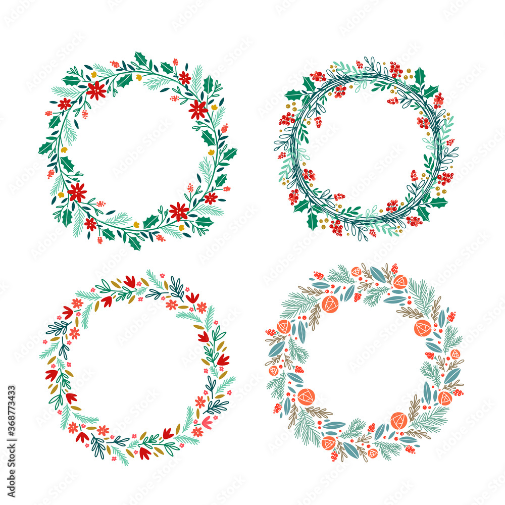 Christmas wreath set with mistletoe, pine, leaves and red flowers