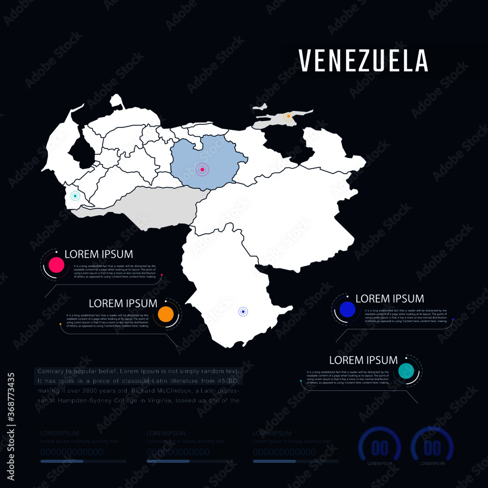 Fototapeta premium Venezuela country map infographics vector with pointer marks and circle chart. Editable Infographics template. Vector illustration