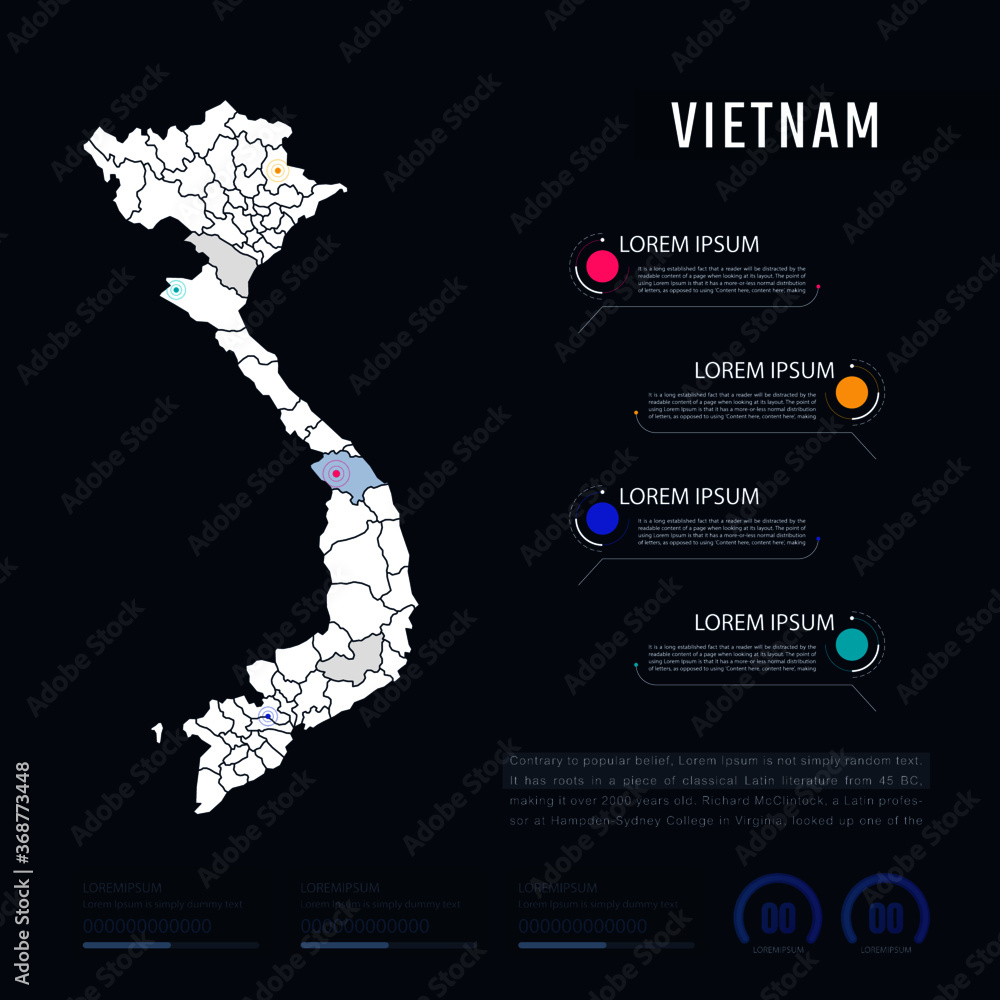 Vietnam country map infographics vector with pointer marks and circle chart.  Editable Infographics template. Vector illustration