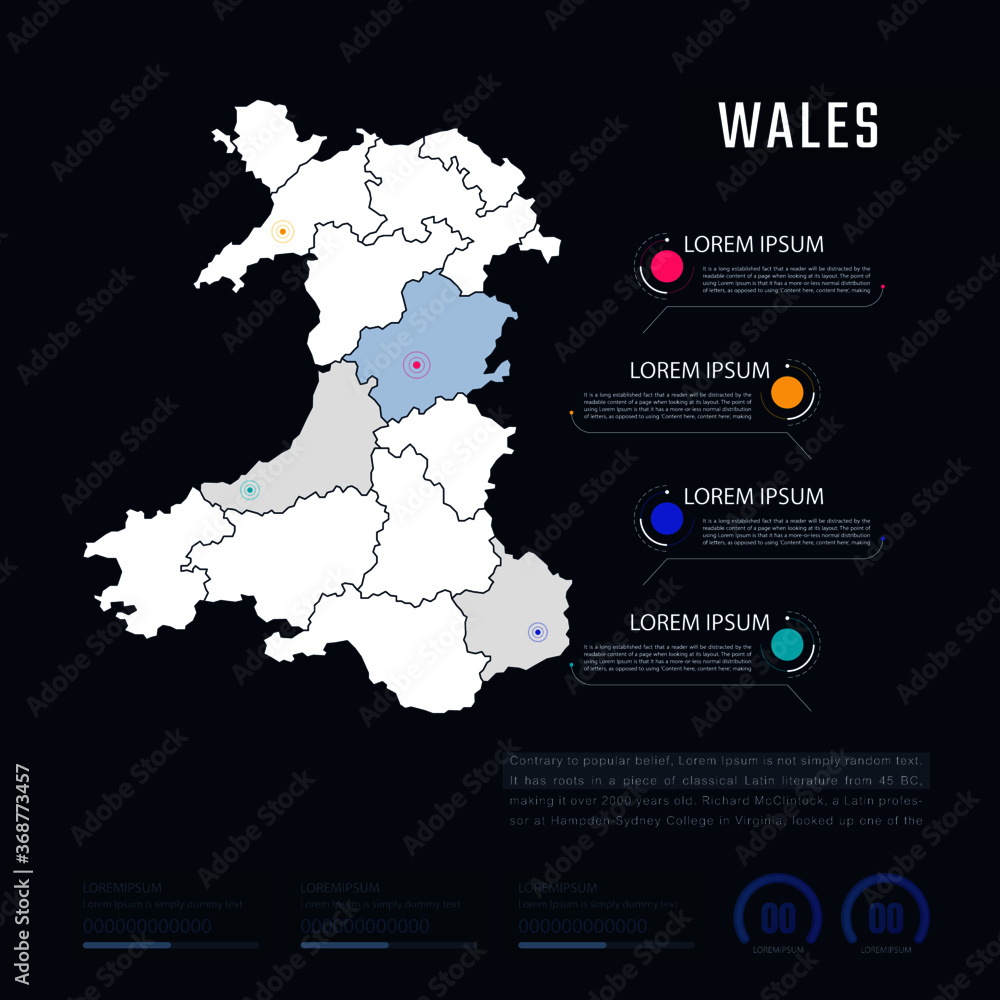 Wales country map infographics vector with pointer marks and circle chart. Editable Infographics template. Vector illustration Wales country map infographics vector with pointer marks and circle chart. Editable Infographics template. Vector illustration