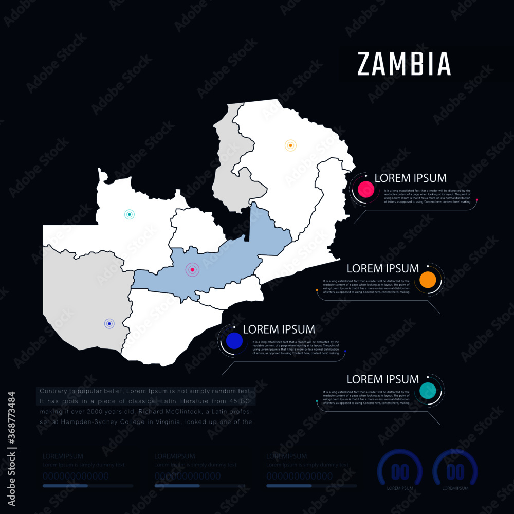 Zambia country map infographics vector with pointer marks and circle chart.  Editable Infographics template. Vector illustration
