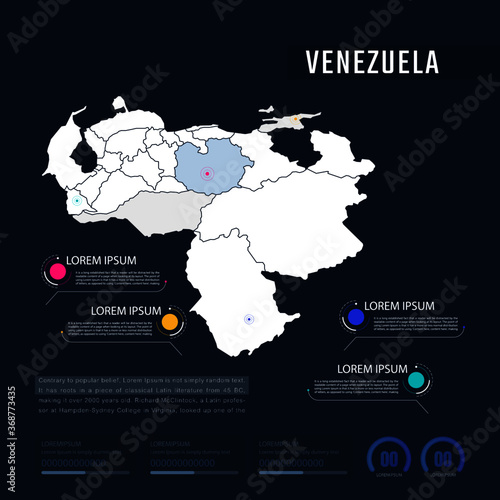 Venezuela country map infographics vector with pointer marks and circle chart. Editable Infographics template. Vector illustration