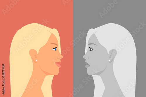 Beautiful Young Woman with Bipolar Disorder. Cheerful and Sad, Happy and Unhappy. Two-face Woman Showing Two Different Moods Euphoria and Depression. Vector Cartoon in Flat Style. Side View