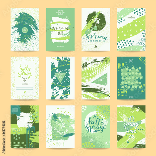 Hello spring greeting card, sale ad, party invitation, flyer and poster. Springtime templates collection with lettering, hand drawn textures, brush strokes, thin line icons, geometric illustrations.