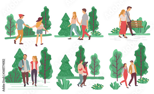 Collection of couples on dates strolling in forests or parks in summer or spring. Male and female characters in love holding hands walking and talking. Man and woman wearing stylish clothes vector