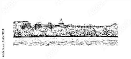 Building view with landmark of Alexandria, Virginia, is a city on the Potomac River, just south of Washington, DC. Hand drawn sketch illustration in vector.