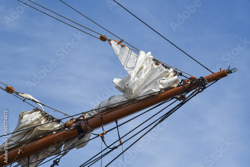 Rigging, bowsprit and blackberry sail from old clipper in the harbour of Den Helder, Holland.