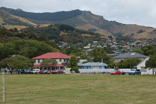 View of Akaroa on Banks Peninsula on South Island of New Zealand 