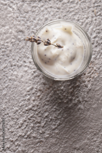 Yogurt in a glass. Lavender yogurt with Chia seeds