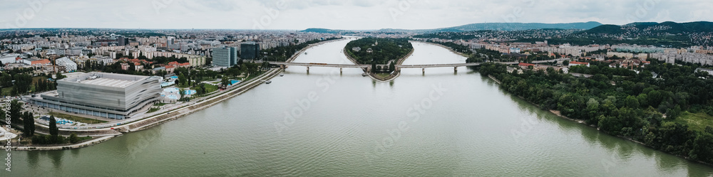 Aerial drone panorama shot Arpad Bridge and Margaret island with Danube river