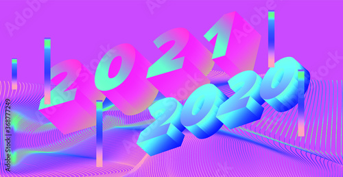 Glowing neon holographic grid, glitched wavy surface. Abstract science and technology background.