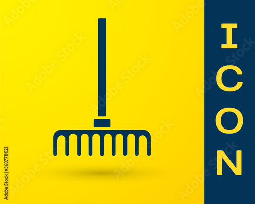 Blue Garden rake icon isolated on yellow background. Tool for horticulture, agriculture, farming. Ground cultivator. Vector.