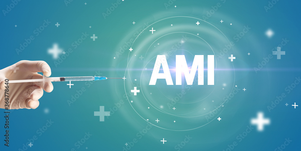 Syringe needle with virus vaccine and AMI abbreviation, antidote concept Syringe needle with virus vaccine and AMI abbreviation, antidote concept