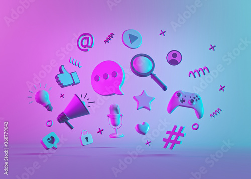 abstract modern trendy social media and technology icons. 3d rendering