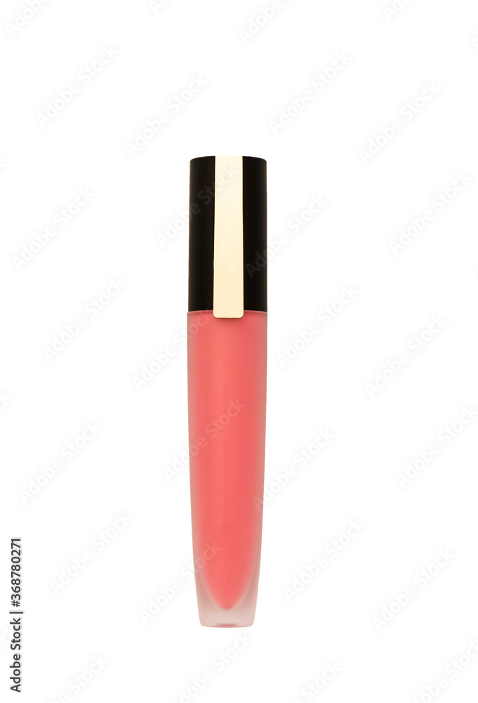 Obraz premium Liquid pink lipstick with brush on white background, cosmetic background.