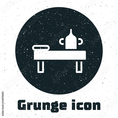 Grunge Massage table with oil icon isolated on white background. Monochrome vintage drawing. Vector.
