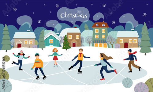 Children are skating on the ice. Winter village.