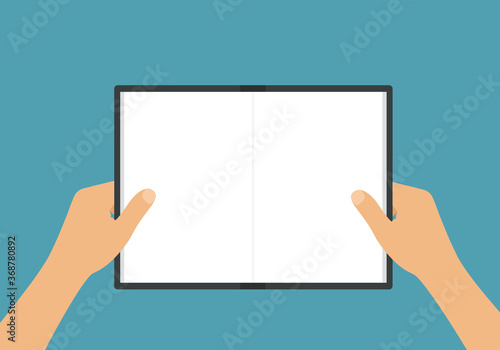 Flat design illustration of a man or woman's hand holding a book with blank white pages and space for text or image. Isolated on green background, vector