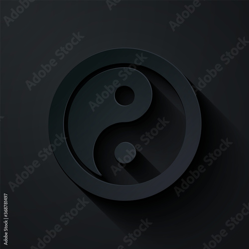 Paper cut Yin Yang symbol of harmony and balance icon isolated on black background. Paper art style. Vector.