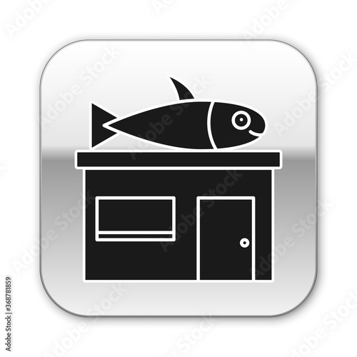 Black Seafood store icon isolated on white background. Facade of seafood market. Silver square button. Vector..