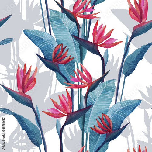 Watercolor drawing of a tropical plant strelitzia, on a white background. Seamless pattern on a white background. For textiles, decor, illustration, background, Wallpaper.