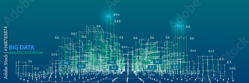 Big data. Abstract  infographics with grid mesh and data on blue background. 3d grid data chart  algorithm. Data chart. Vector Illustration.