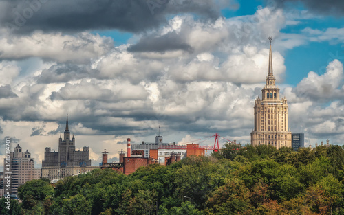 Beautiful Moscow cityscape. Panoramic view of Moscow with beautiful houses on a green hill