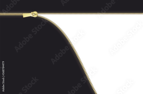Open close zip. Realistic zipper fastener reveal vector. Metallic gold elegant zip locker with runner horizantal black background. Graphic illustration