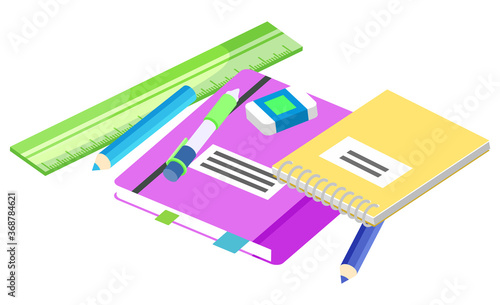 Supplies for lessons, vector illustration. Collection of school supplies or stationery. Isometric cartoon items for education of smart pupils and students. Knowledge and education. School accessories
