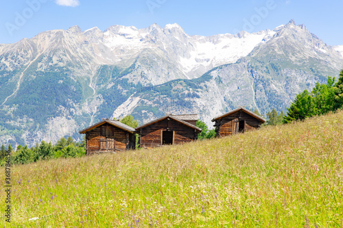 Wooden field barns in Bürchen, Wallis, Switzerland