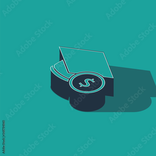 Isometric Graduation cap and coin icon isolated on green background. Education and money. Concept of scholarship cost or loan, tuition or study fee. Vector..