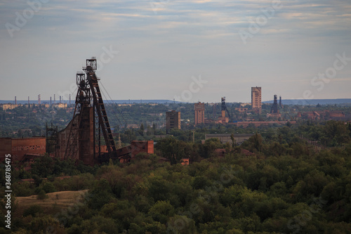 Industrial zone and tower of ore or coal mines
