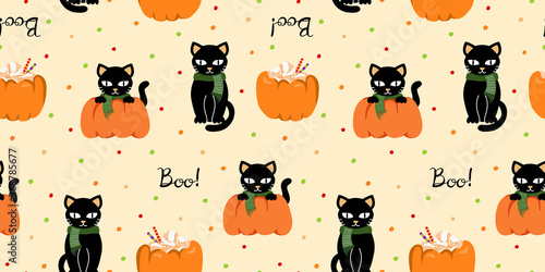 Halloween seamless pattern with black cats and pumpkin latte. 