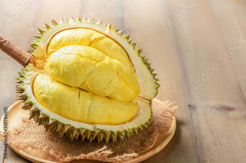 Durian (Kan yao) or Durio zibthinus Murray on wood plate. King of fruits of Thailand photo