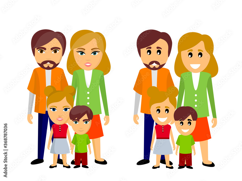 Happy Family vector illustration. Children and parents. Parenting. Father mother kids son daughter. Dad daddy Mom. Kid. Brother sister. Siblings Husband wife. Boy girl. Male female. Couple. Vector