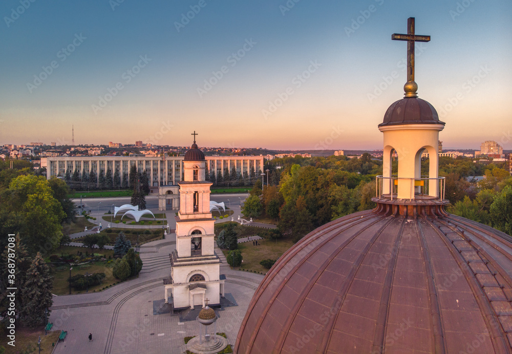 CHISINAU, MOLDOVA 2020. Bell tower of the Nativity Cathedral in Chisinau - Moldova. Aerial view