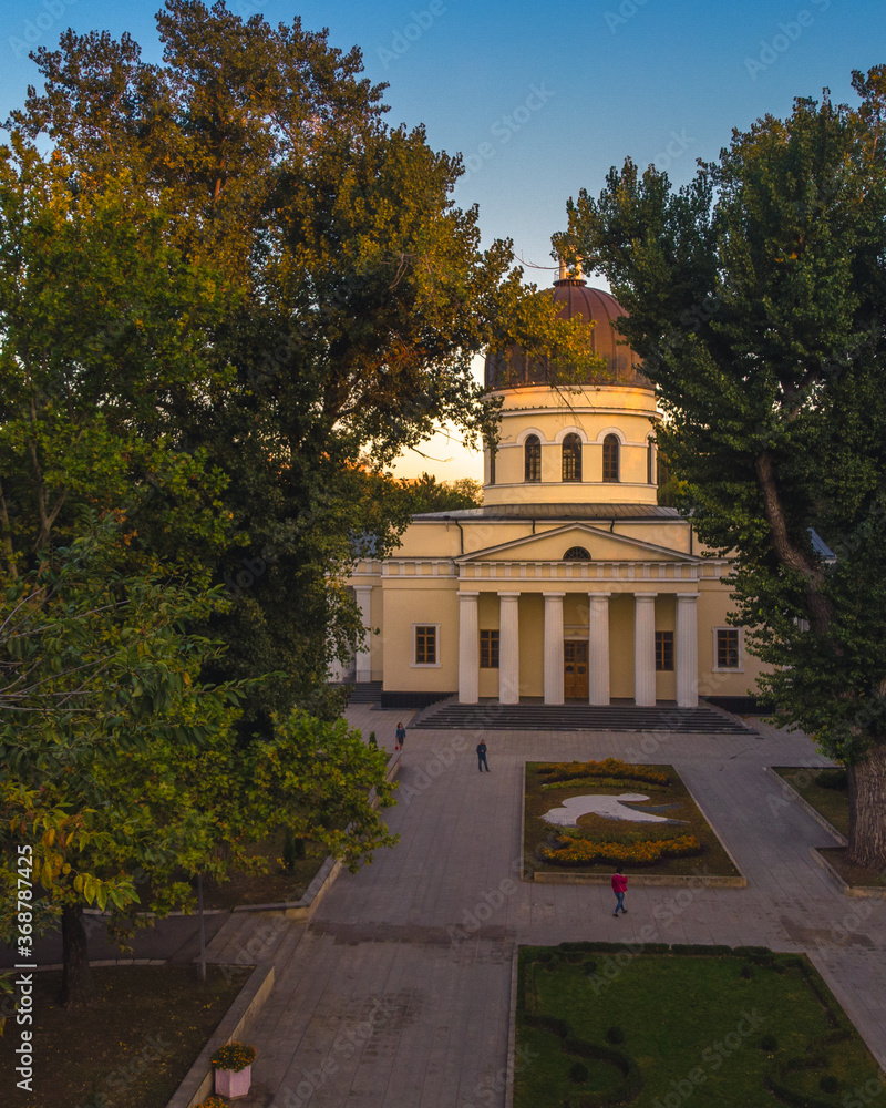 CHISINAU, MOLDOVA 2020. Bell tower of the Nativity Cathedral in Chisinau - Moldova. Aerial view