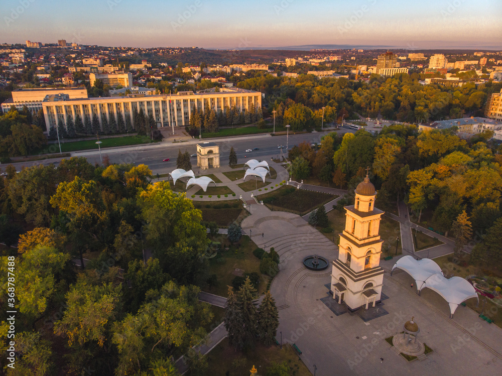 The Triumphal Arch and the Government building in Chisinau - Moldova 2020. Aerial view