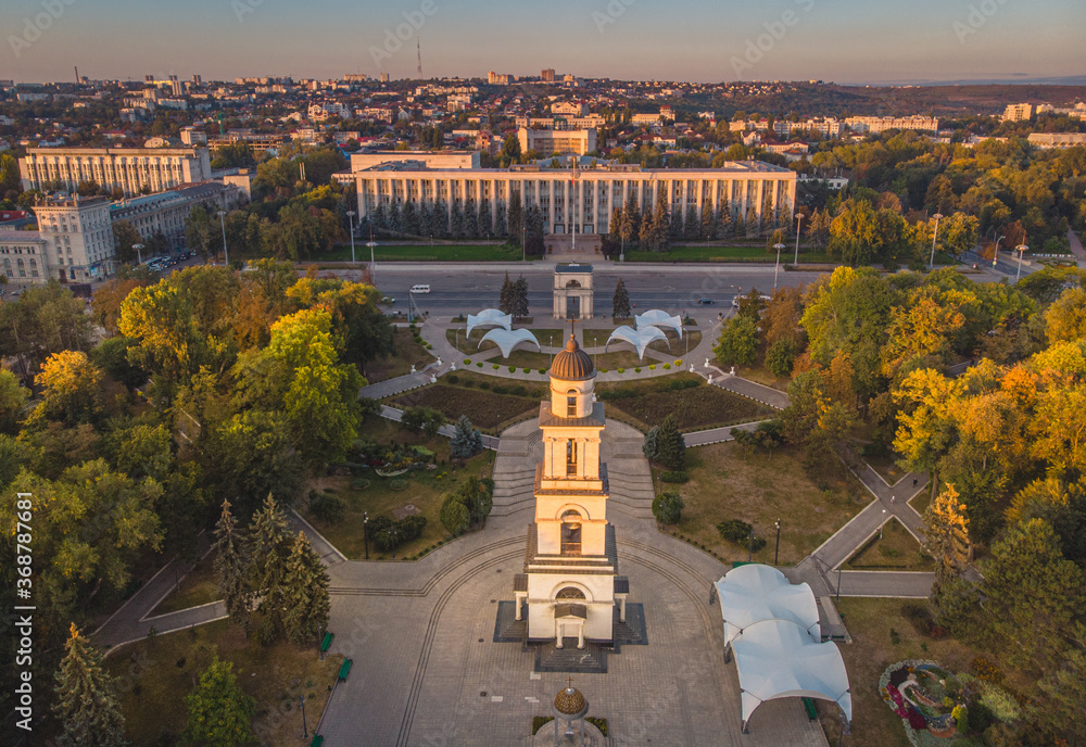 The Triumphal Arch and the Government building in Chisinau - Moldova 2020. Aerial view