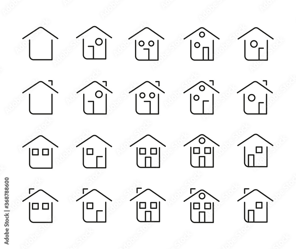 Set of outline home line icons isolated on a white background. House icons sign